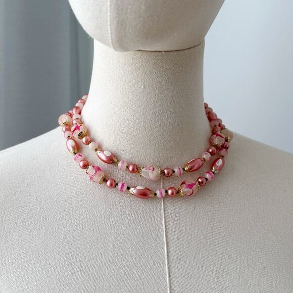 Vintage Jewelry - Vintage Pink Gold Tone Double Layered Faux Pearl Plastic Beaded Estate Necklace